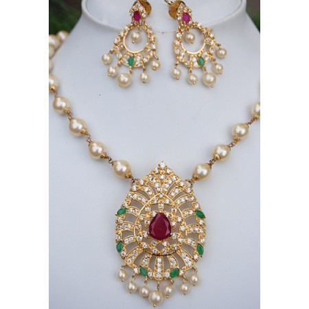 American Diamond Necklace Set with Pearl Chain, Emeralds and Rubies